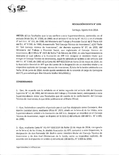Resolución Exenta N° 1596, del 4 de agosto de 2014, que establece la conformación del Consejo Técnico de Inversiones (CTI).