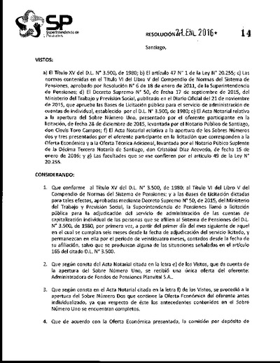 Resolución N° 14 del 21 de enero de 2016. Adjudicación de la licitación de cartera de afiliados nuevos