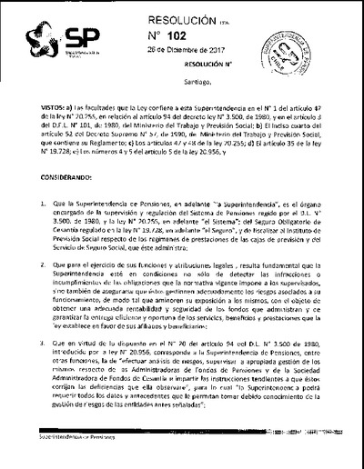 Resolución N°102 del 26 de diciembre de 2017. Supervisión basada en riesgos.