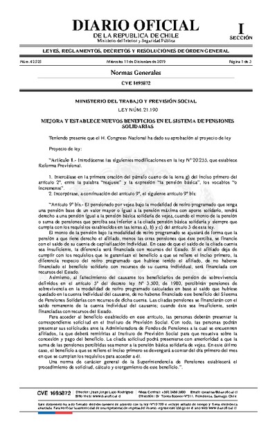 Ley N° 21.190, del 11 de diciembre de 2019, que mejora y establece nuevos beneficios en el Sistema de Pensiones Solidarias.