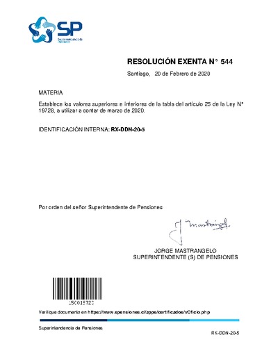 Resolución Exenta N° 544, de 20 de febrero de 2020, que establece valores superiores e inferiores de las prestaciones con cargo al Fondo de Cesantía Solidario entre el 1 de marzo de 2020 y el 28 de febrero de 2021.