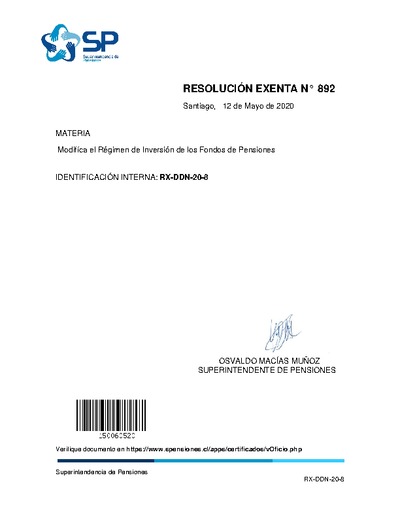 Resolución Exenta N° 892, del 12 de mayo de 2020, que modifica el Régimen de Inversión de los Fondos de Pensiones.