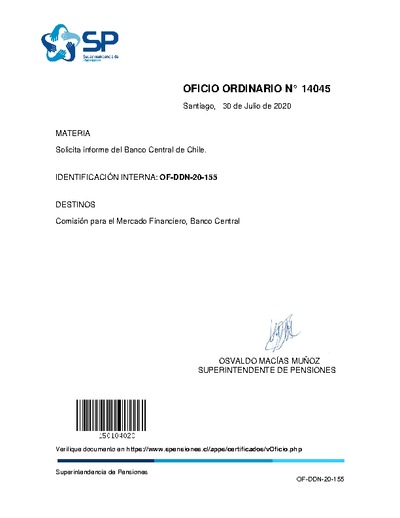 Oficio Ordinario N° 14045, del 30 de julio de 2020, que solicita informe del Banco Central de Chile.