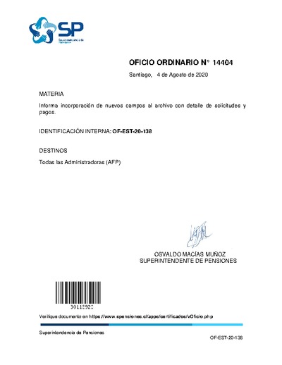 Oficio Ordinario N° 14404, del 4 de agosto de 2020, que informa incorporación  de  nuevos  campos  al  archivo  con  detalle  de  solicitudes  y pagos.