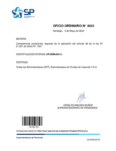 Oficio Ordinario N° 8553, del 5 de mayo de 2020, que complementa precisiones respecto de la aplicación del artículo 28 de la Ley N° 21.227 de Oficio N° 7837.