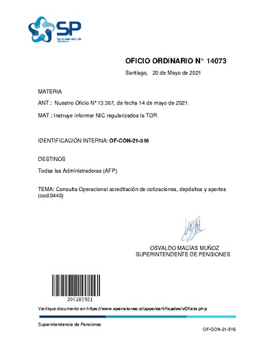 Oficio Ordinario N° 14073, del 20 de mayo de 2021, que instruye informar NIC regularizados la Tesorería General de la República (TGR).