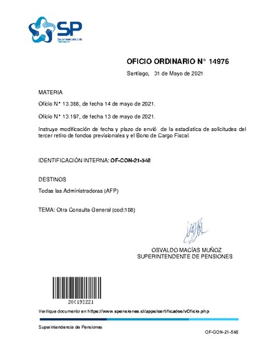 Oficio Ordinario N° 14976, del 31 de mayo de 2021, que instruye modificación de fecha y plazo de envió de la estadística de solicitudes del tercer retiro de fondos previsionales y el bono de cargo fiscal.