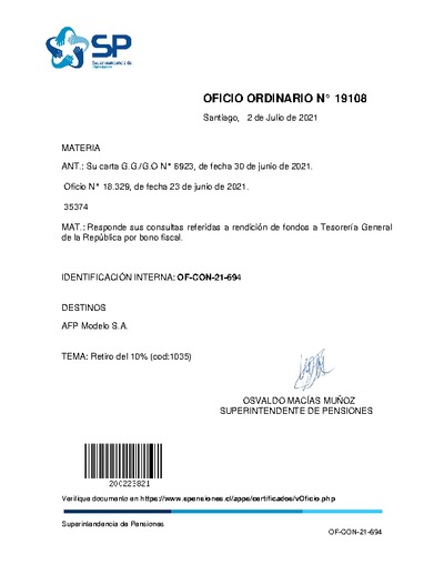 Oficio Ordinario N° 19108, del 2 de julio de 2021, que responde sus consultas referidas a rendición de fondos a Tesorería General de la República por bono fiscal.