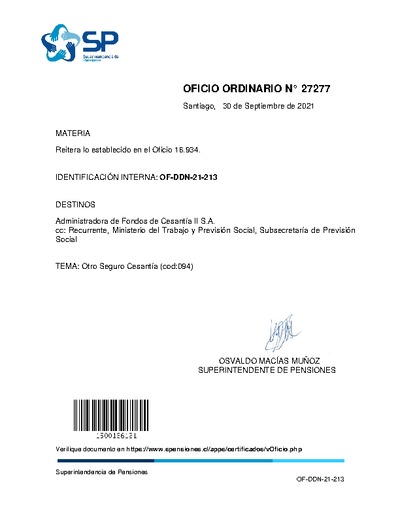 Oficio Ordinario N° 27277, del 30 de septiembre de 2021, que reitera lo establecido en el Oficio Ordinario N° 16.934.