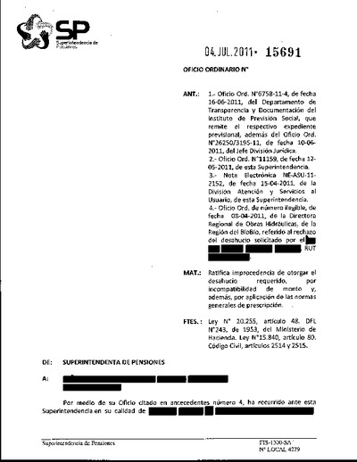 Oficio Ordinario Nº 15691, del 4 de julio de 2011