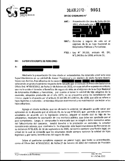 Oficio Ordinario Nº 9951, del 30 de abril de 2012