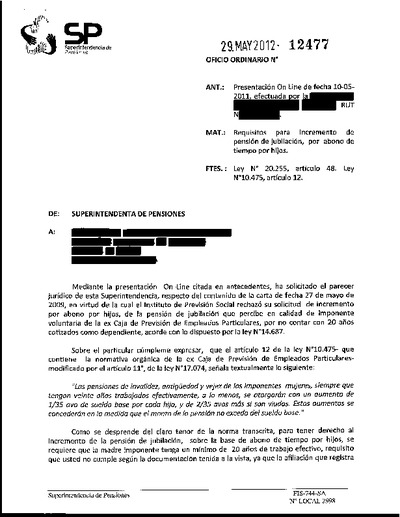 Oficio Ordinario Nº 12477, del 29 de mayo de 2012
