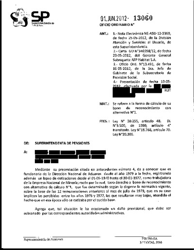 Oficio Ordinario Nº 13060, del 1 de junio de 2012