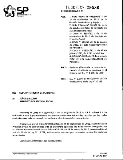Oficio Ordinario Nº 29586, del 13 de diciembre de 2012