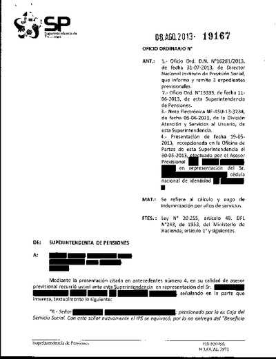Oficio Ordinario Nº 19167, del 8 de agosto de 2013