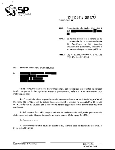 Oficio Ordinario Nº 29373, del 12 de diciembre de 2014