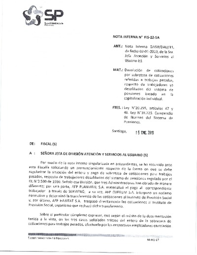 Nota Interna N° 12, del 15 de enero de 2019