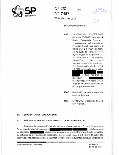 Oficio Ordinario Nº 7187, del 22 de marzo de 2019