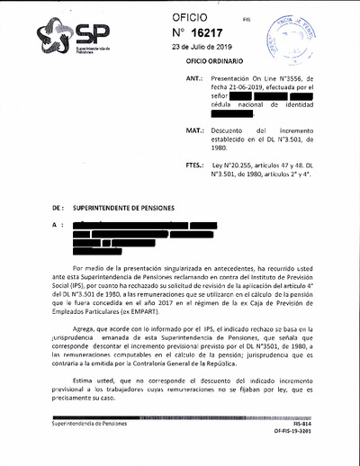 Oficio Ordinario Nº 16217, del 23 de julio de 2019