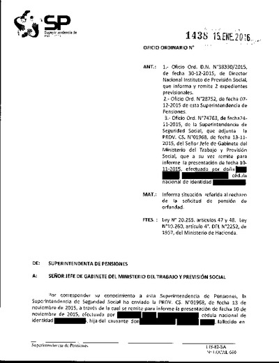 Oficio Ordinario Nº 1438, del 15 de enero de 2016