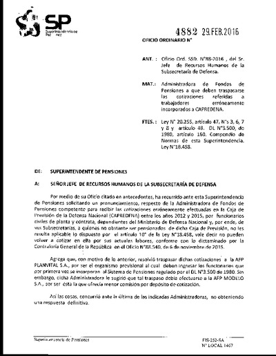 Oficio Ordinario Nº 4882, del 29 de febrero de 2016