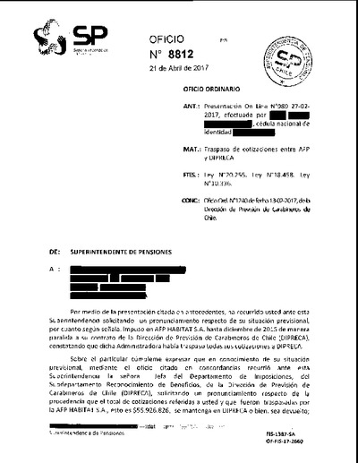 Oficio Ordinario Nº 8812, del 21 de abril de 2017