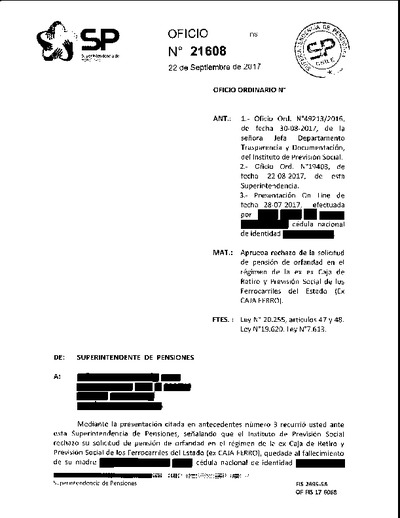 Oficio Ordinario Nº 21608, del 22 de septiembre de 2017