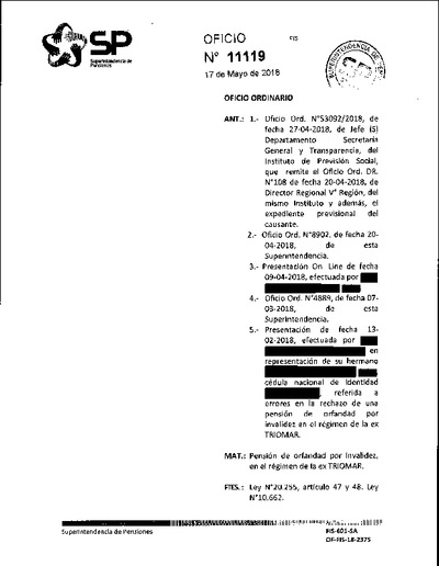 Oficio Ordinario Nº 11119, del 17 de mayo de 2018