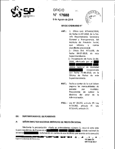 Oficio Ordinario Nº 17688, del 9 de agosto de 2018