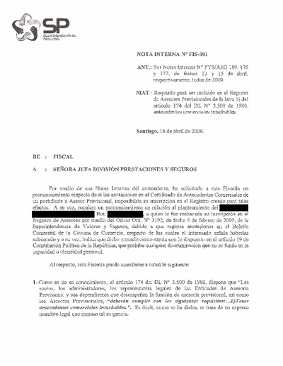 Nota Interna N° 301, del 16 de abril de 2009