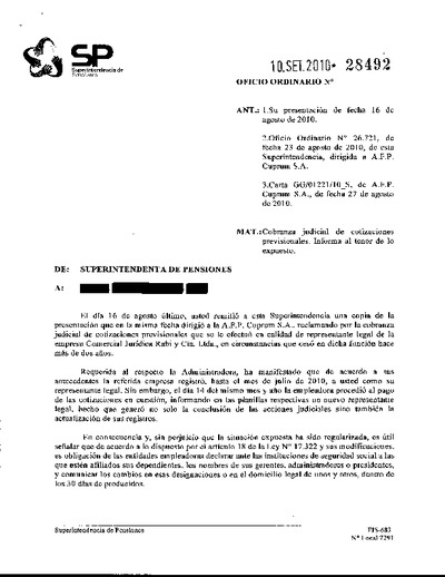 Oficio Ordinario Nº 28492, del 10 de septiembre de 2010