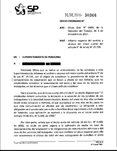 Oficio Ordinario Nº 30366, del 30 de diciembre de 2011