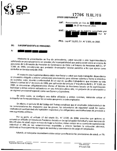 Oficio Ordinario Nº 17706, del 19 de julio de 2016