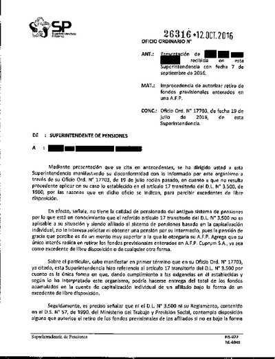 Oficio Ordinario Nº 26316, del 12 de octubre de 2016
