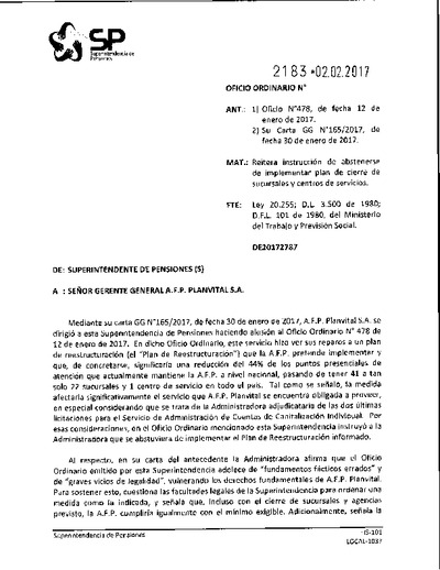 Oficio Ordinario Nº 2183, del 2 de febrero de 2017