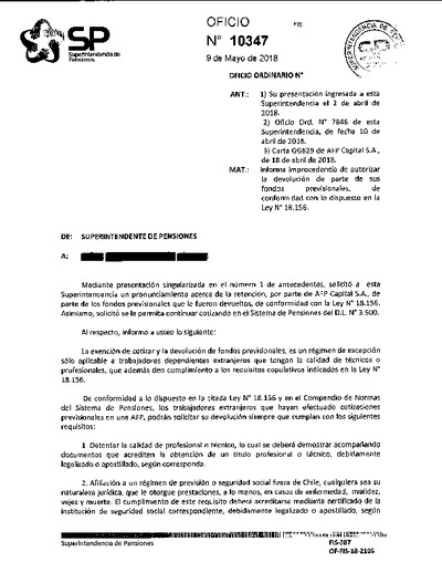 Oficio Ordinario Nº 10347, del 9 de mayo de 2018