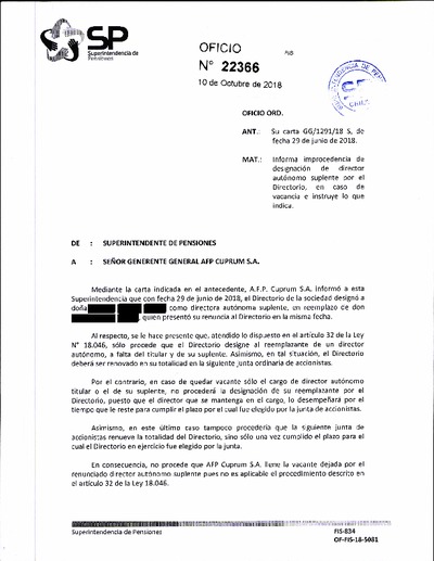 Oficio Ordinario Nº 22366, del 10 de octubre de 2018
