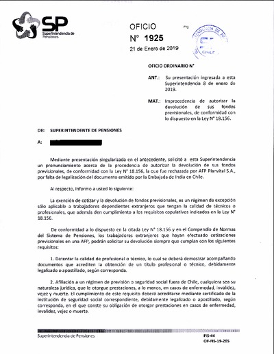 Oficio Ordinario Nº 1925, del 21 de enero de 2019