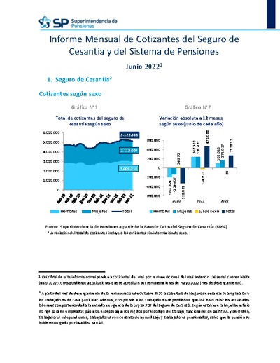Informe Mensual de Cotizantes del Seguro de Cesantía y del Sistema de Pensiones, junio 2022