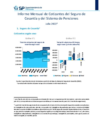Informe Mensual de Cotizantes del Seguro de Cesantía y del Sistema de Pensiones, julio 2022