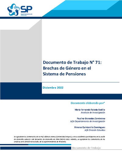 Documento de Trabajo N° 71: Brechas de Género en el Sistema de Pensiones
