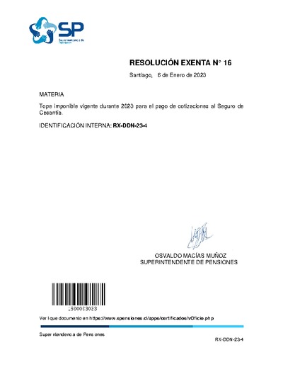 Resolución Exenta N° 16, del 6 de enero de 2023, que fija tope imponible vigente durante 2023 para el pago de cotizaciones al Seguro de Cesantía.