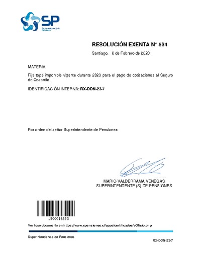 Resolución Exenta N° 534, del 8 de febrero de 2023, que fija tope imponible vigente durante 2023 para el pago de cotizaciones al Seguro de Cesantía.