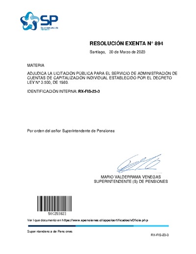 Resolución Exenta N° 894, del 30 de marzo de 2023, que adjudica la licitación pública para el Servicio de Administración de Cuentas de Capitalización Individual establecido por el Decreto Ley N° 3.500, de 1980.