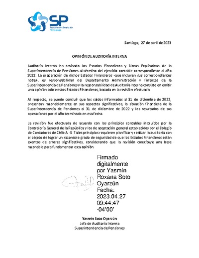 Opinión de Auditoría Interna sobre Estados Financieros y Notas Explicativas de la SP 2022.