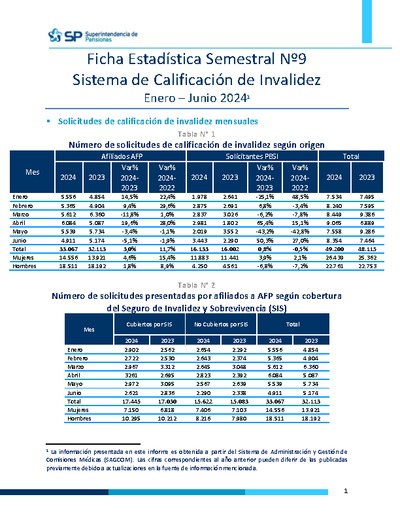 Ficha Estadística N° 9 Sistema de Calificación de Invalidez, enero-junio 2024