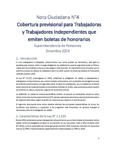Nota Ciudadana N°4: Cobertura previsional para Trabajadoras y Trabajadores Independientes que emiten boletas de honorarios