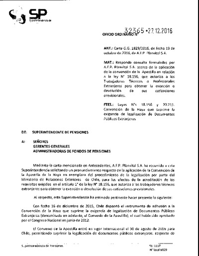Oficio Ordinario Nº 32365, del 27 de diciembre de 2016
