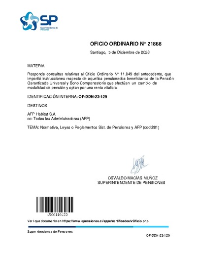 Oficio Ordinario Nº 21868, del 5 de diciembre de 2023