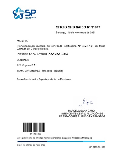 Oficio Ordinario N° 31647, del 15 de noviembre de 2021